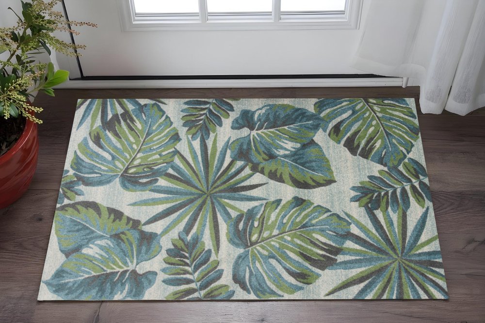 3' X 5' Beige Teal And Green Tropical Botanical Area Rug