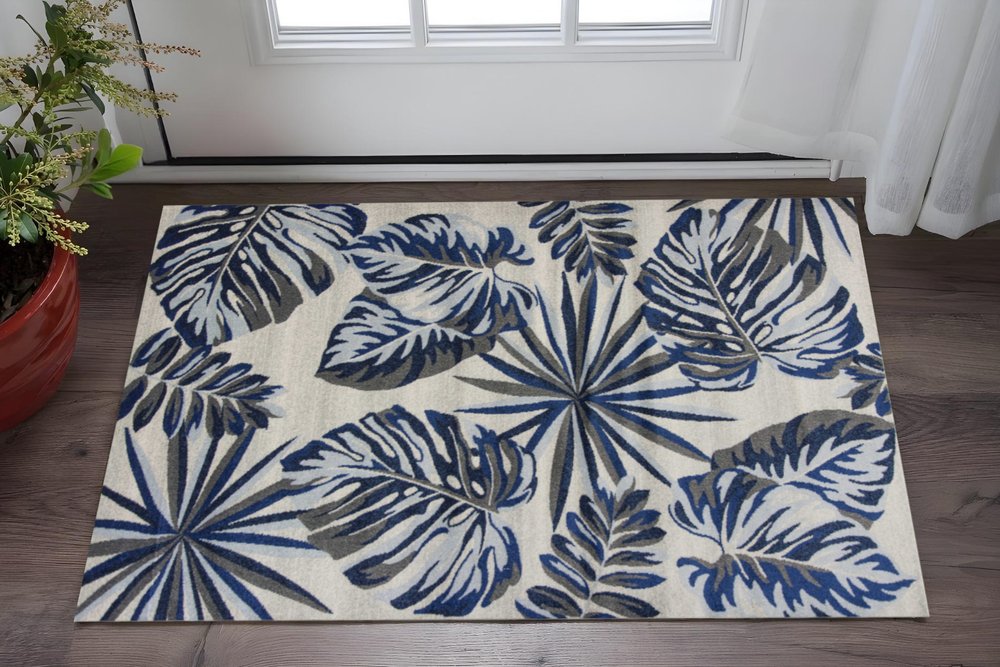 8' X 11' Blue And Gray Botanical Leaves Area Rug