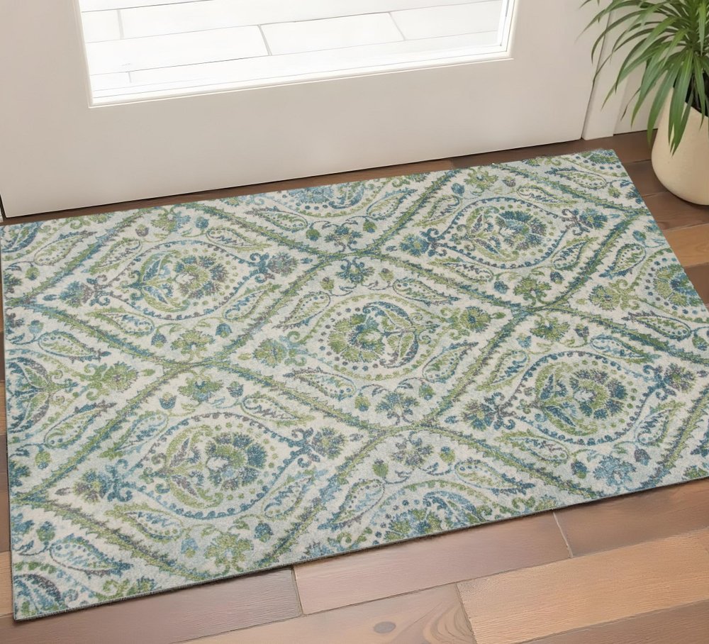 9' X 13' Green Ivory And Teal Medallion Area Rug