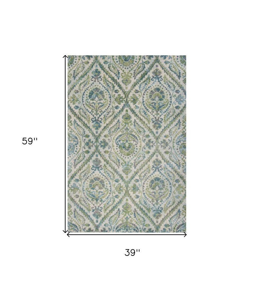 9' X 13' Green Ivory And Teal Medallion Area Rug