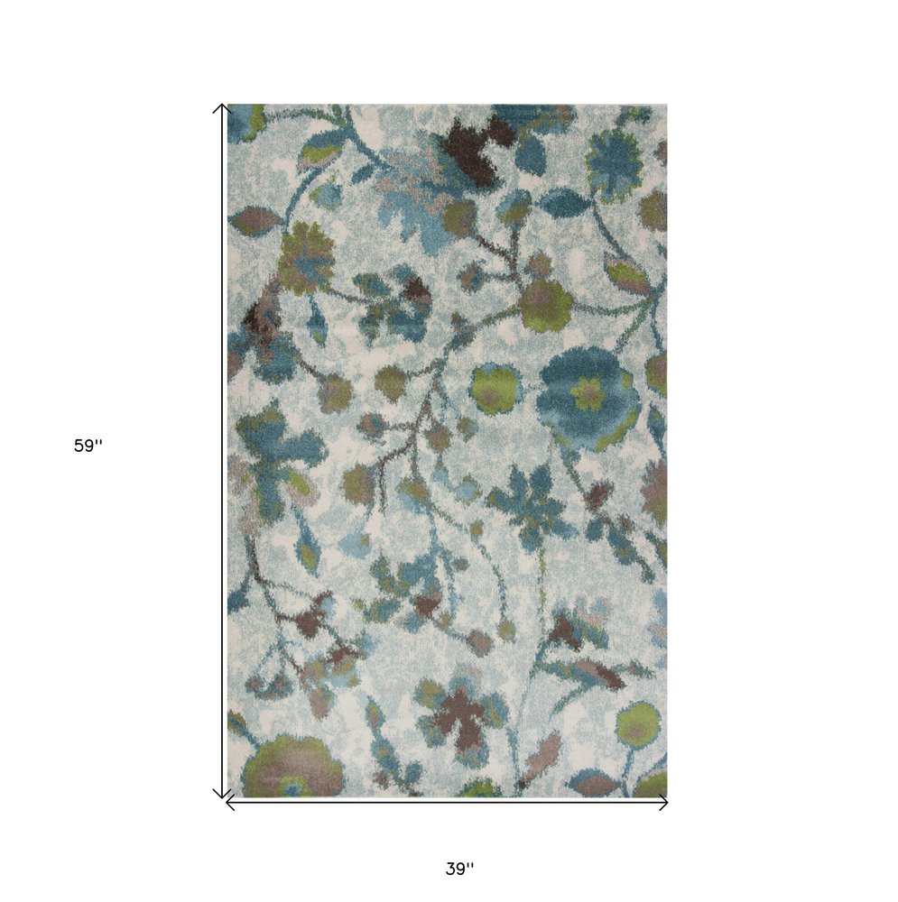 5' X 8' Teal Blue Green And White Floral Vines Area Rug
