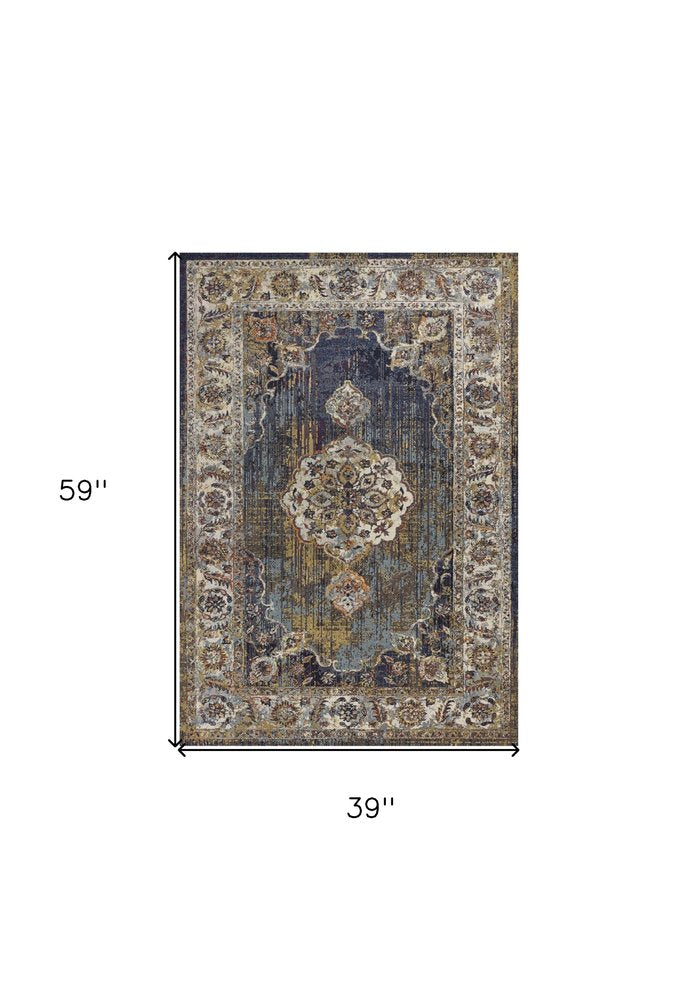 3' X 5' Navy Blue Gold And Ivory Medallion Area Rug