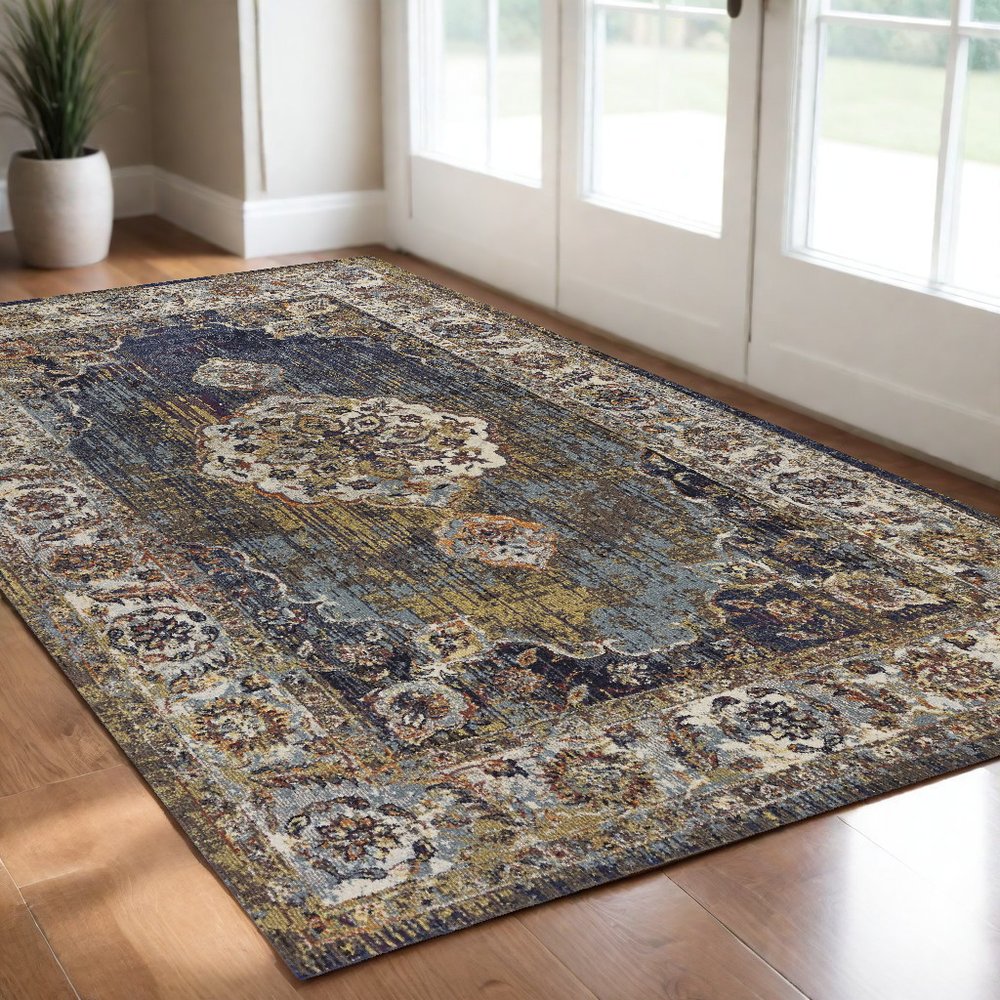 3' X 5' Navy Blue Gold And Ivory Medallion Area Rug