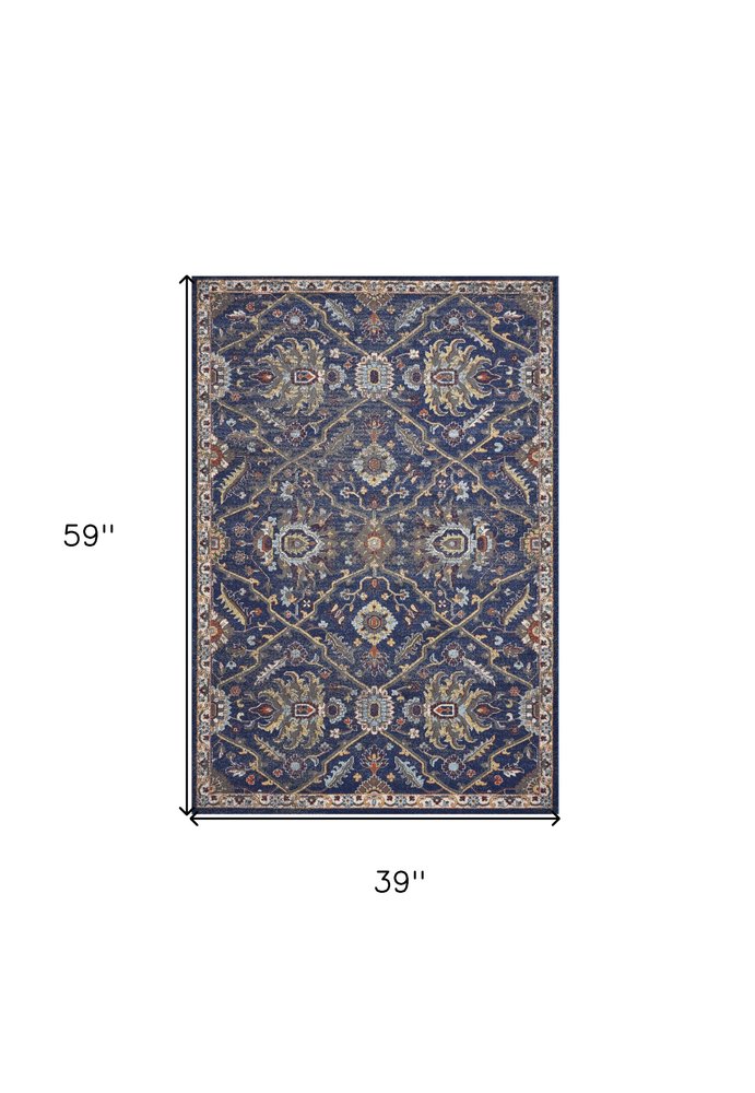 5' X 8' Royal Blue Gold And Gray Medallion Area Rug