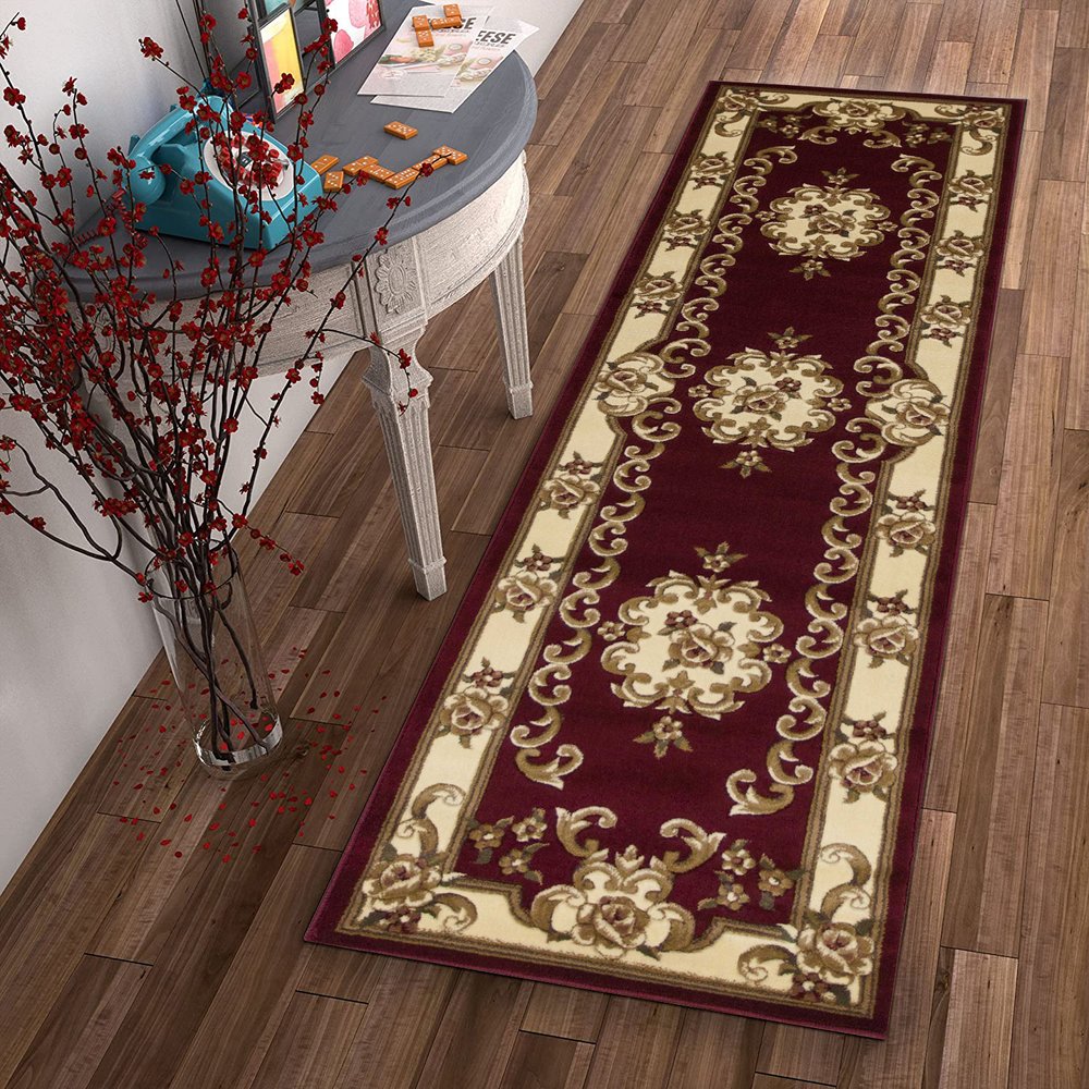3' X 5' Red and Ivory Floral Border Area Rug