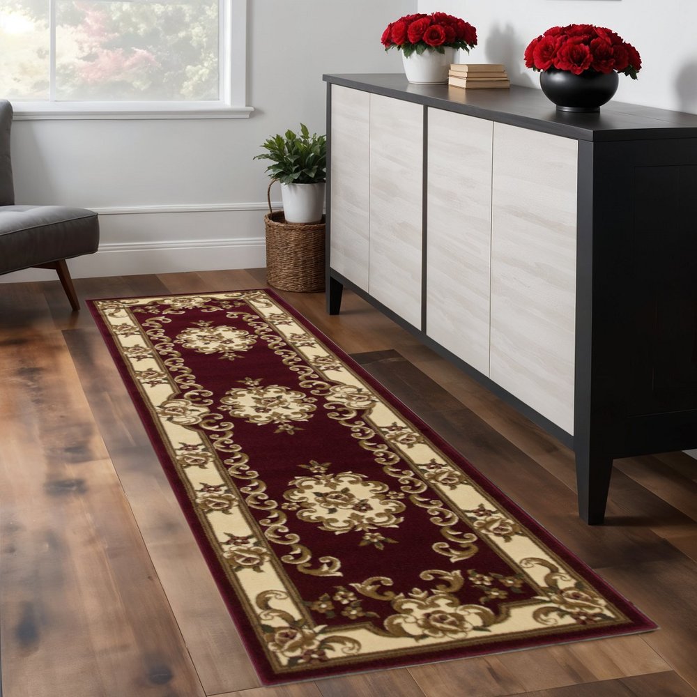 3' X 5' Red and Ivory Floral Border Area Rug