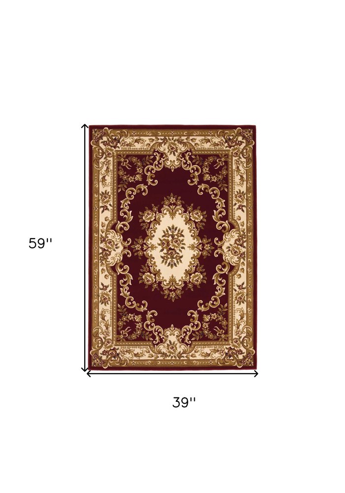 3' X 5' Red and Ivory Floral Border Area Rug