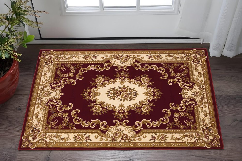 3' X 5' Red and Ivory Floral Border Area Rug