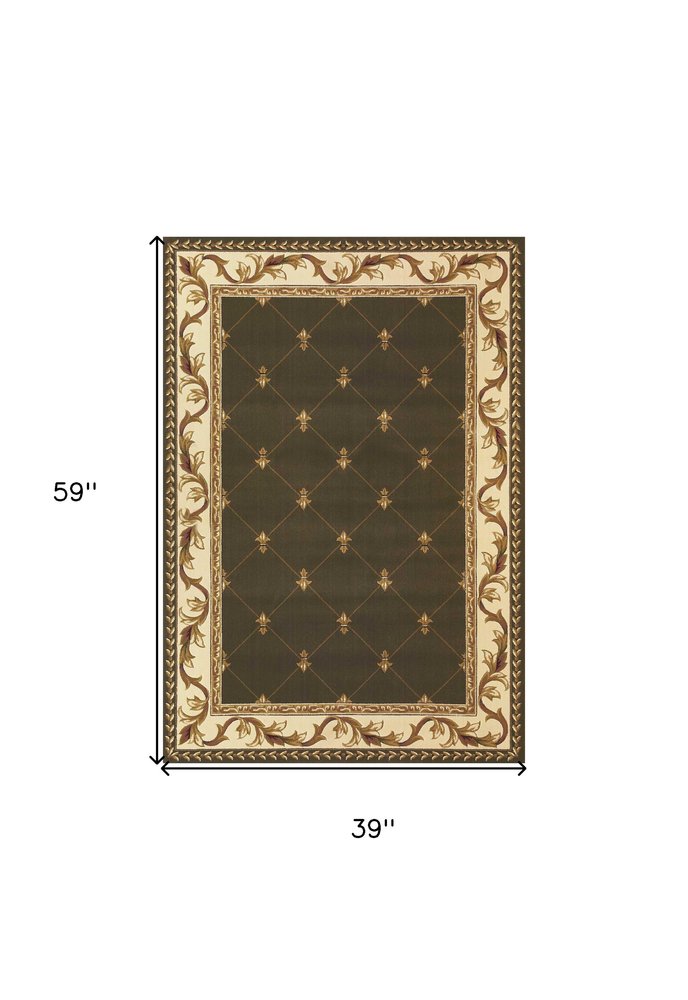 3' X 5' Dark Green Ivory And Brown Floral Vines Area Rug