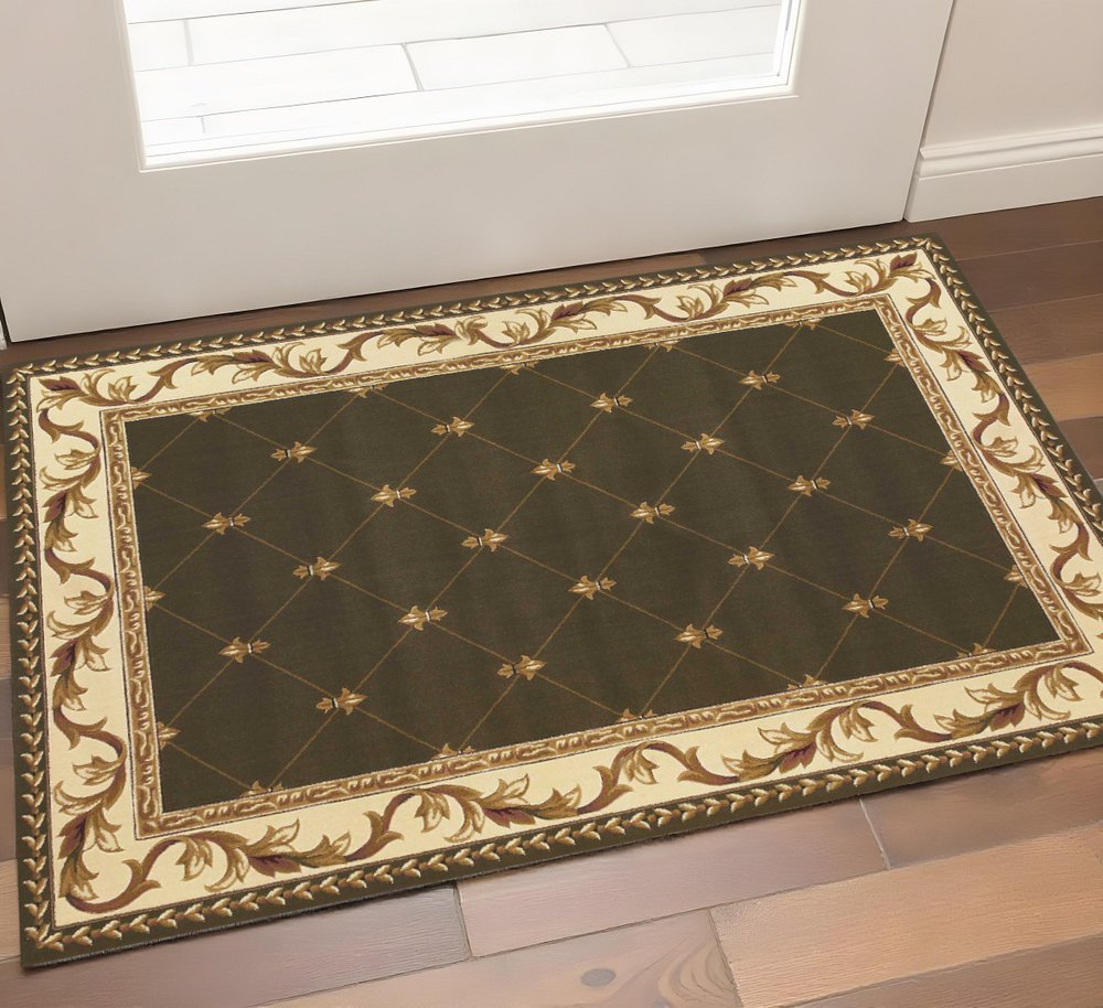 3' X 5' Dark Green Ivory And Brown Floral Vines Area Rug