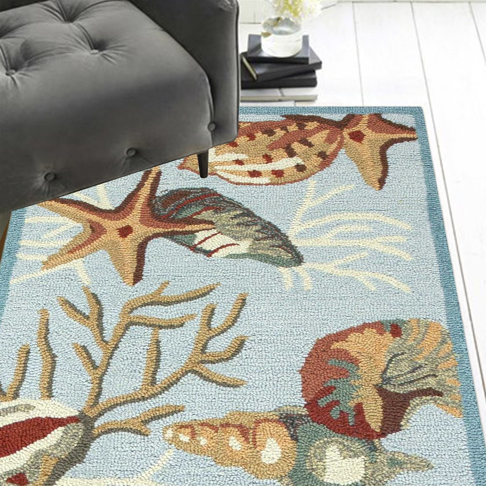 2' X 4' Blue Beige And Green Seashell and Coral Hand Tufted Area Rug