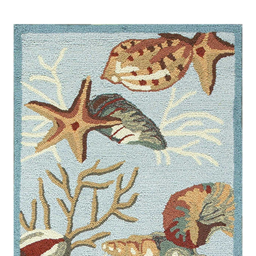 2' X 4' Blue Beige And Green Seashell and Coral Hand Tufted Area Rug