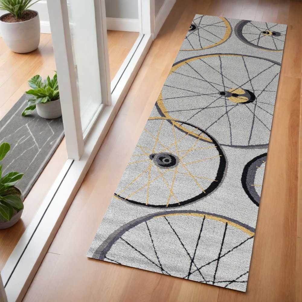 7' Gray Black And Yellow Abstract Geometric Hand Tufted Runner Rug