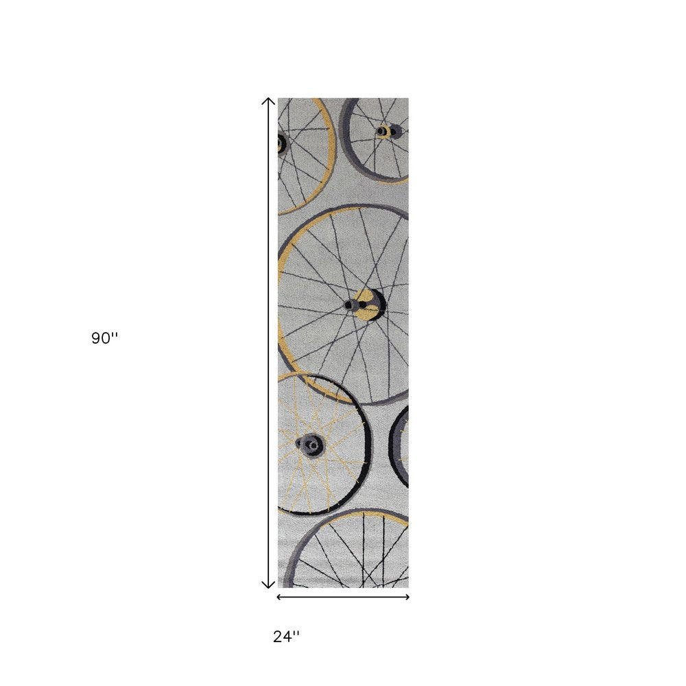 7' Gray Black And Yellow Abstract Geometric Hand Tufted Runner Rug