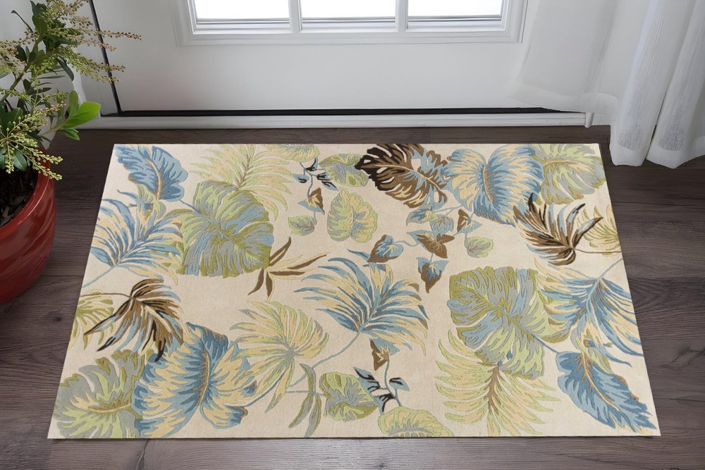 5' X 8' Ivory And Blue Wool Botanical Leaves Hand Tufted Area Rug