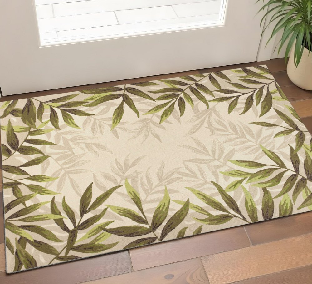 2' X 4' Ivory And Green Wool Botanical Leaves Hand Tufted Area Rug