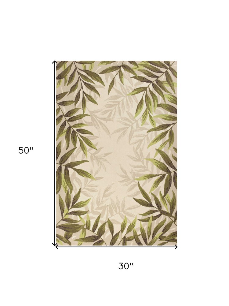 2' X 4' Ivory And Green Wool Botanical Leaves Hand Tufted Area Rug