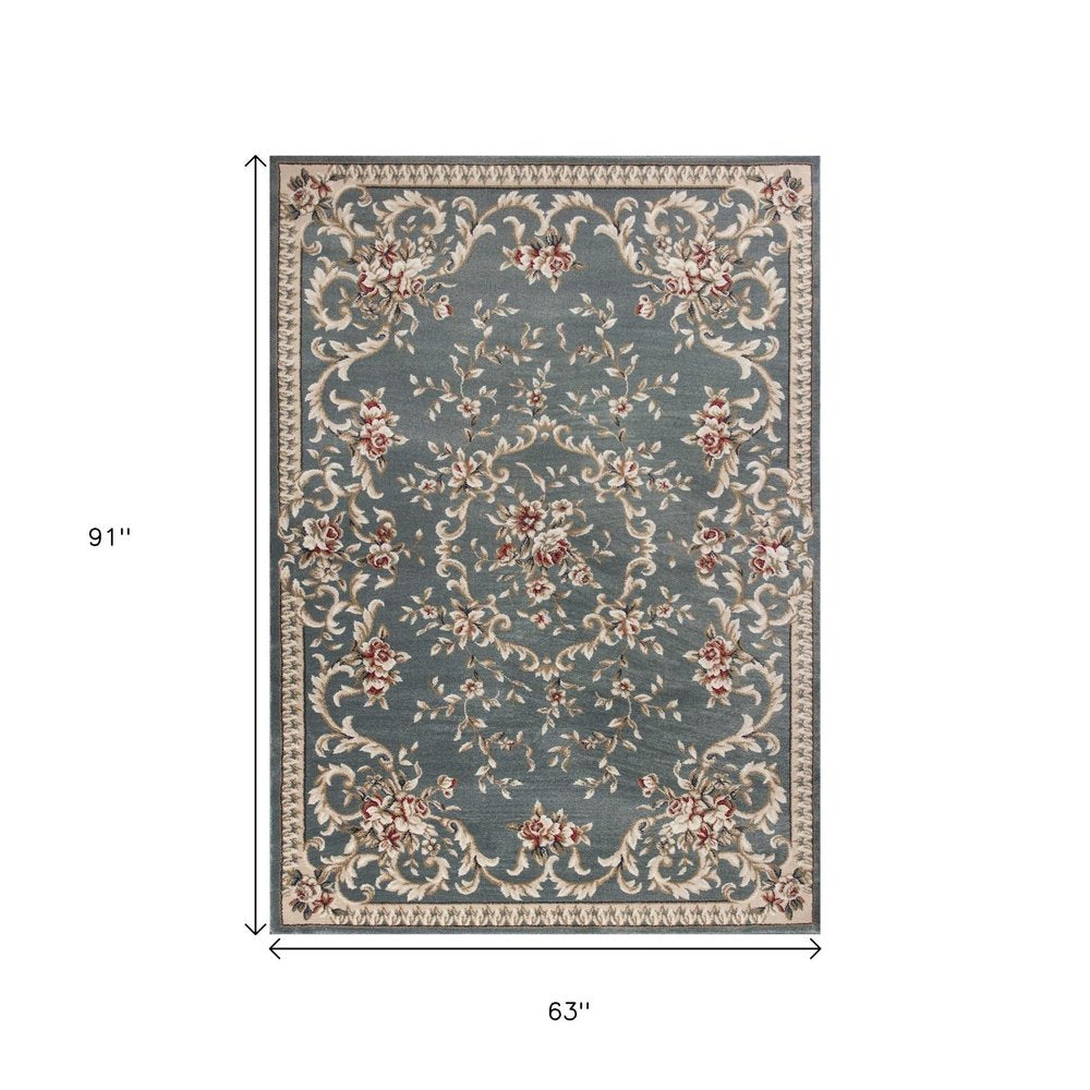 3' X 5' Slate Blue And Red Floral Medallion Area Rug