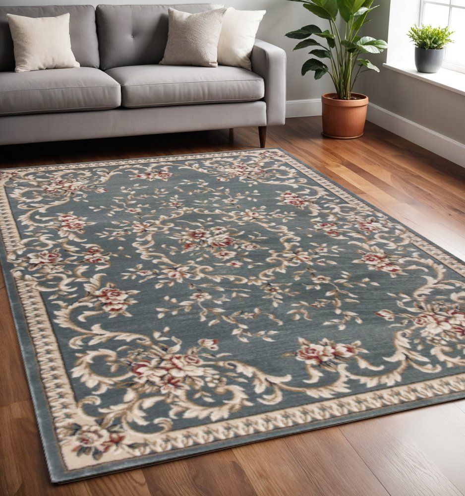 3' X 5' Slate Blue And Red Floral Medallion Area Rug