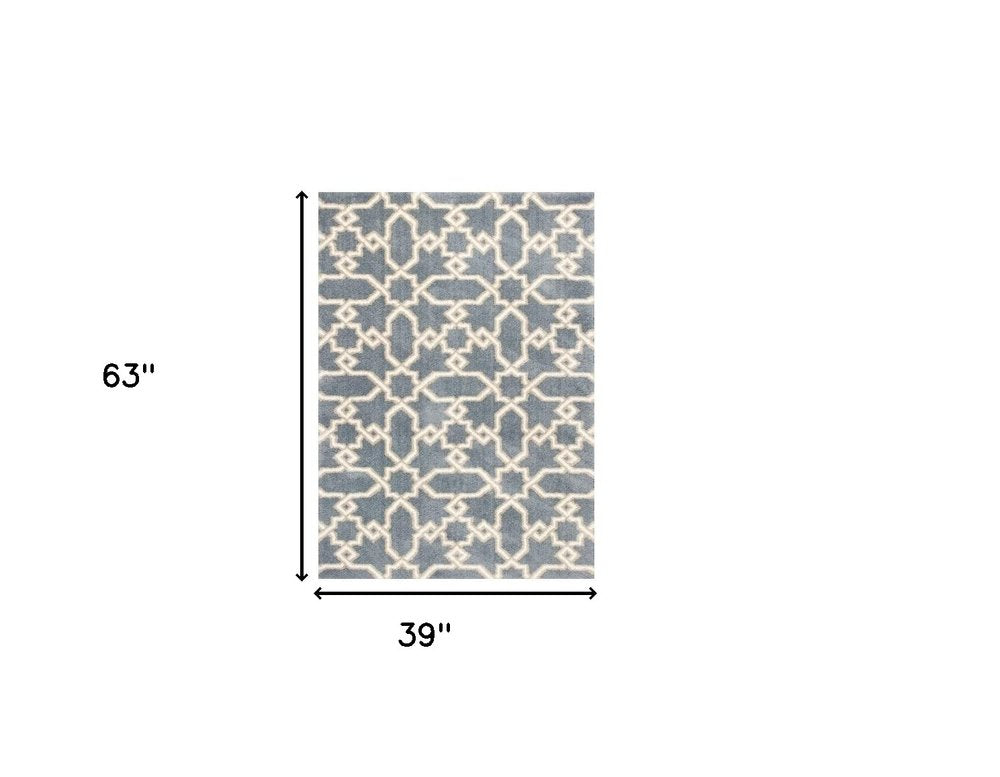 5' X 8' Slate Blue And Ivory Geometric Area Rug