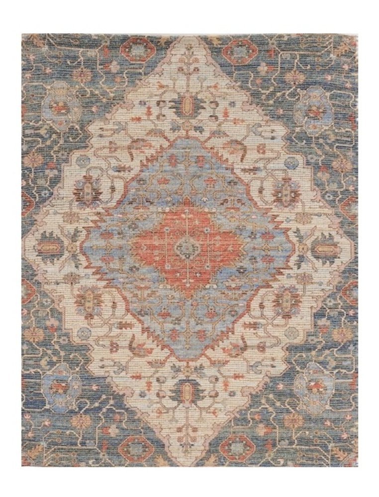 7' X 12' Blue Beige And Brick Red Jute Medallion Handmade Area Rug