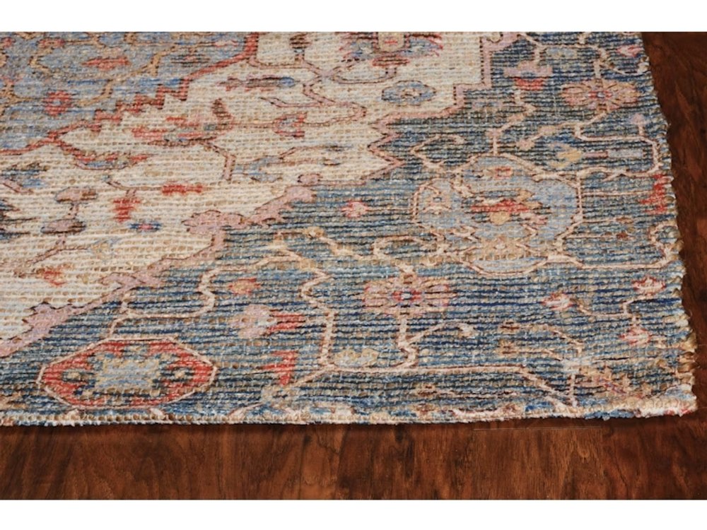 7' X 12' Blue Beige And Brick Red Jute Medallion Handmade Area Rug