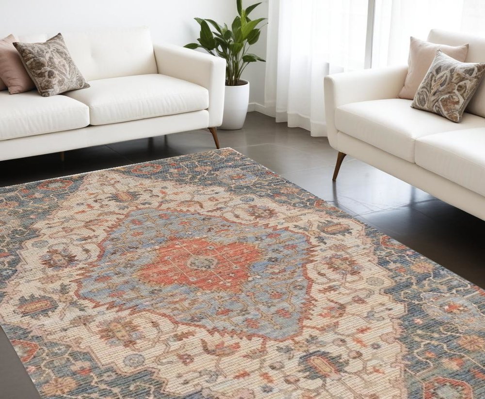 7' X 12' Blue Beige And Brick Red Jute Medallion Handmade Area Rug