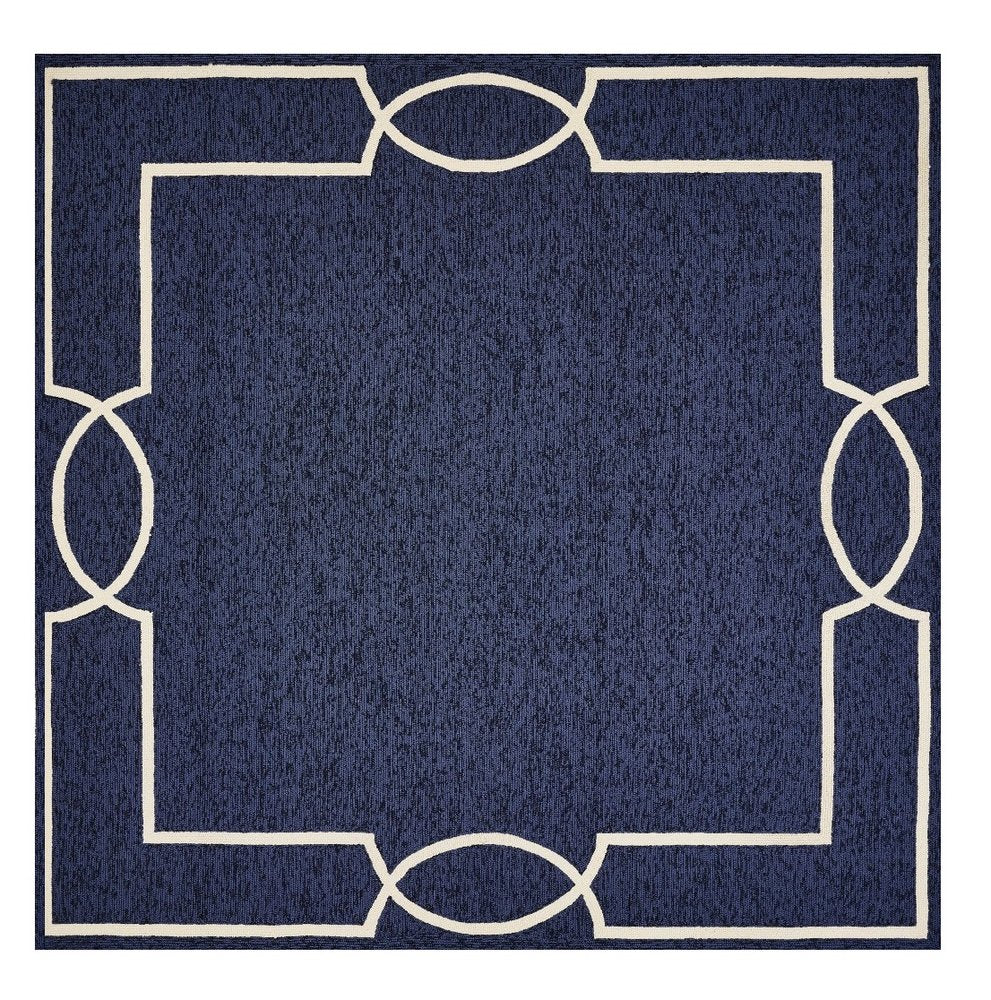 7' X 10' Blue And Ivory Geometric Hand Hooked Area Rug