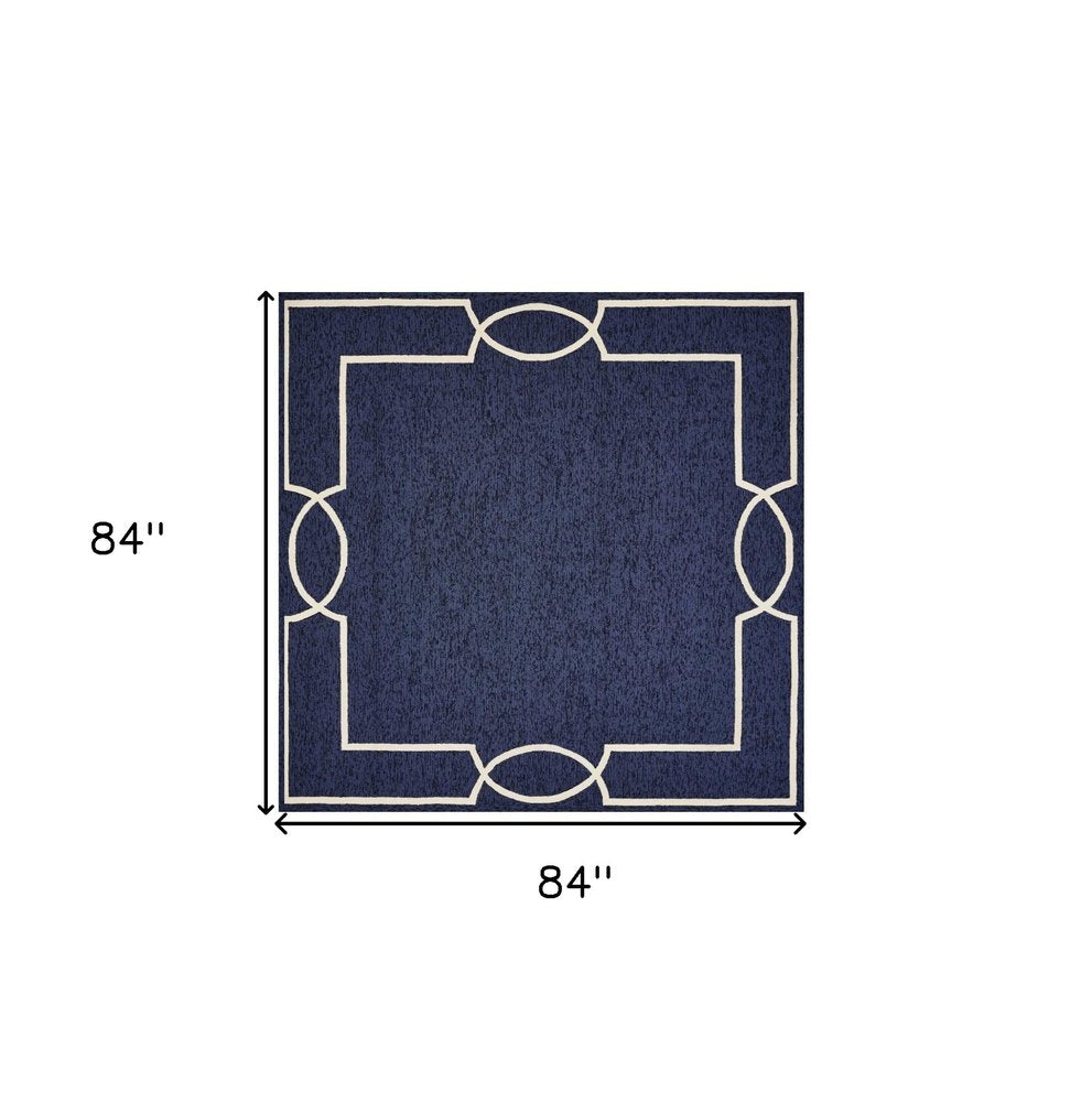 7' X 10' Blue And Ivory Geometric Hand Hooked Area Rug