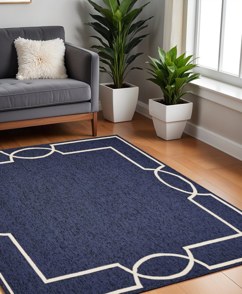 7' X 10' Blue And Ivory Geometric Hand Hooked Area Rug