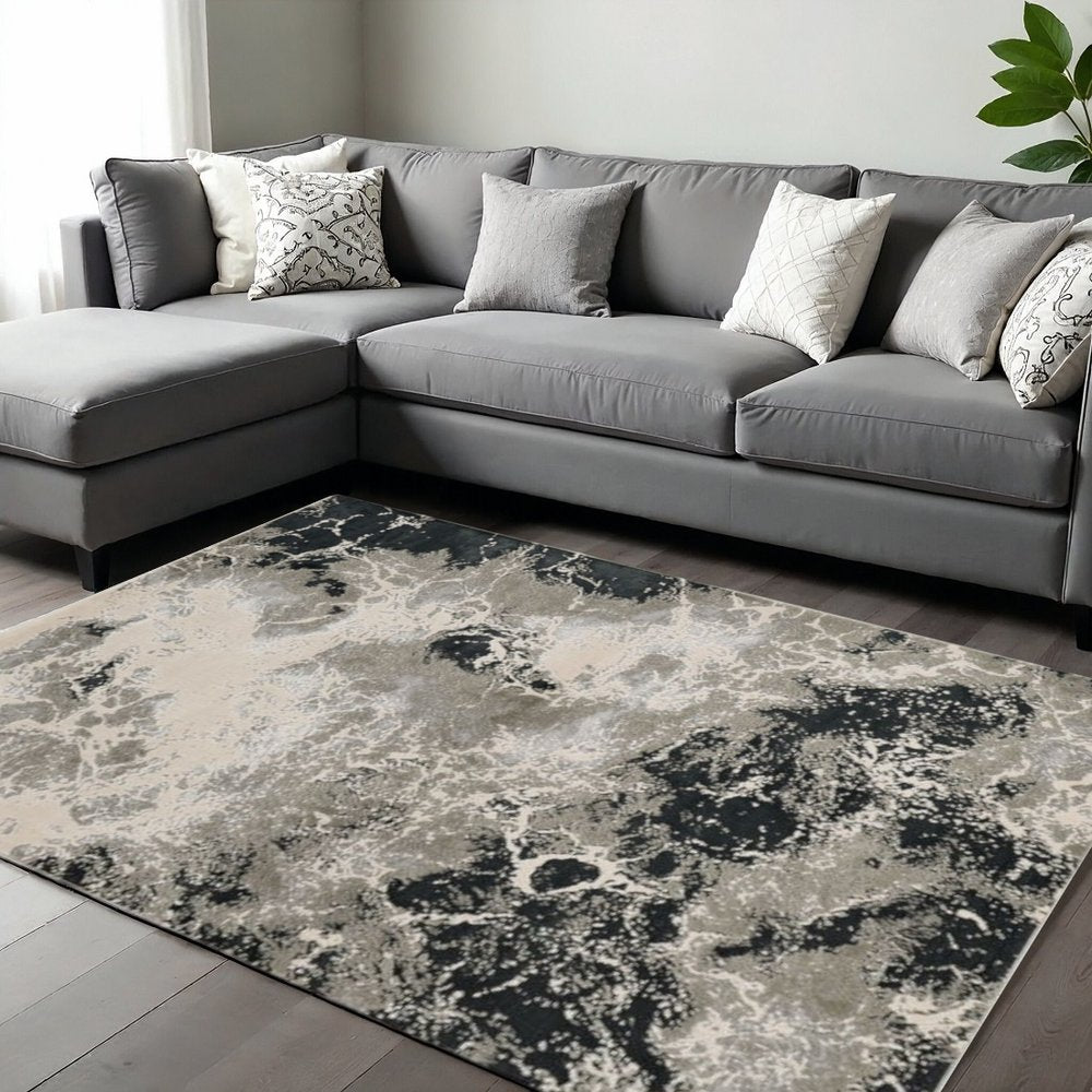 8' X 11' Silver And Black Abstract Area Rug