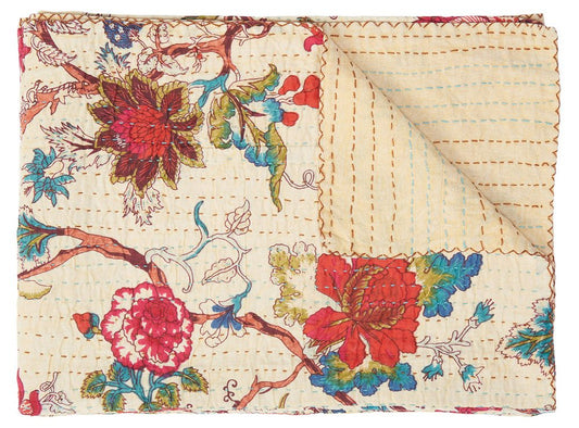 50" X 70" Green and Pink Kantha Cotton Abstract Throw Blanket with Embroidery