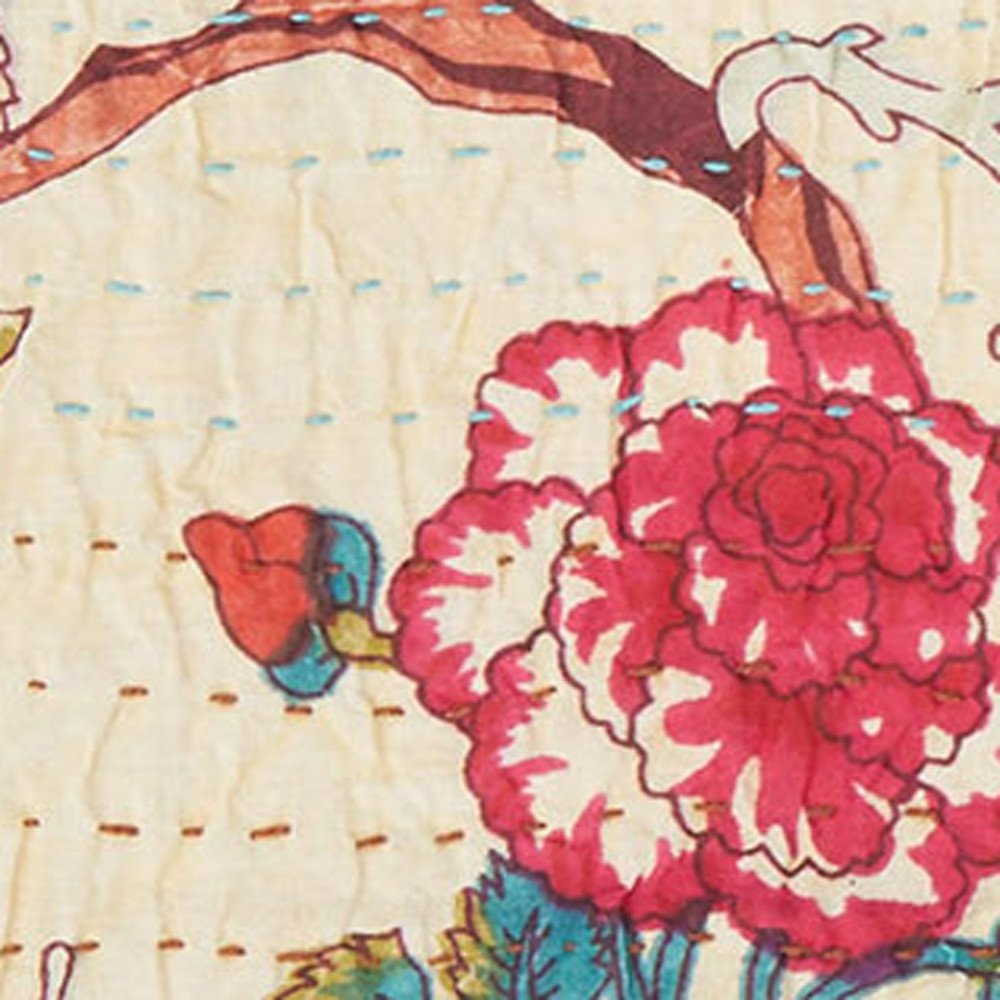 50" X 70" Green and Pink Kantha Cotton Abstract Throw Blanket with Embroidery