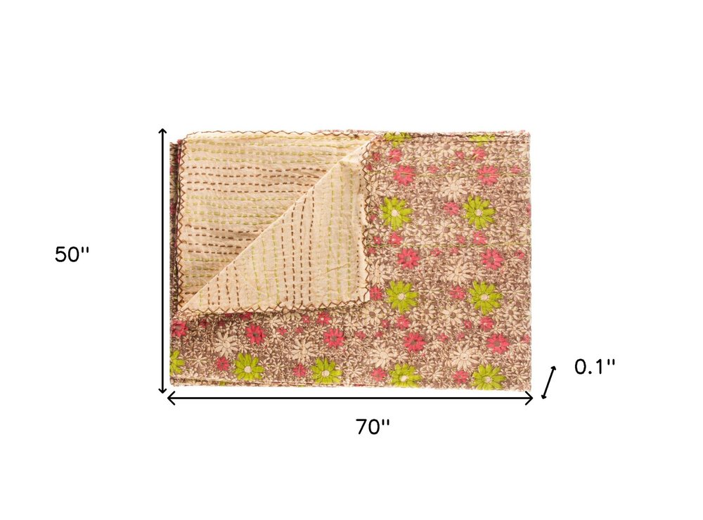 50" X 70" Orange Blue and Yellow Cotton Kantha Patchwork with Embroidery