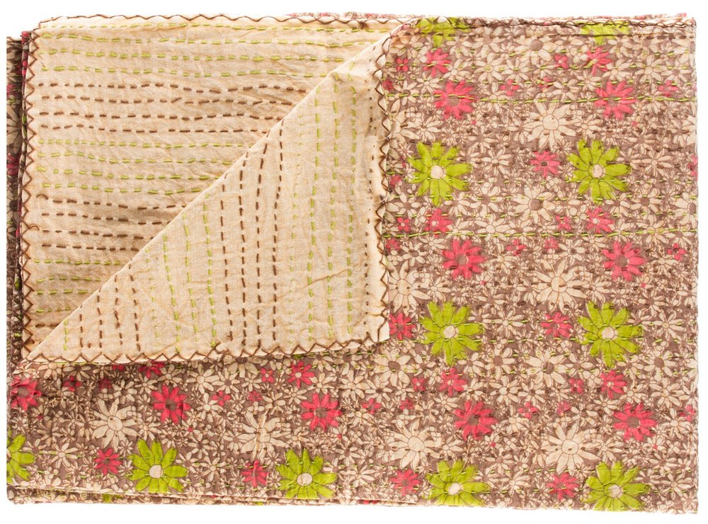 50" X 70" Orange Blue and Yellow Cotton Kantha Patchwork with Embroidery