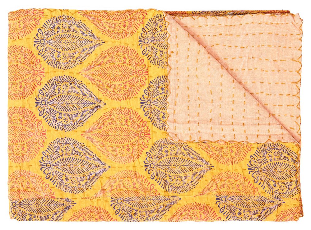 50" X 70" Orange Blue and Yellow Cotton Kantha Patchwork with Embroidery