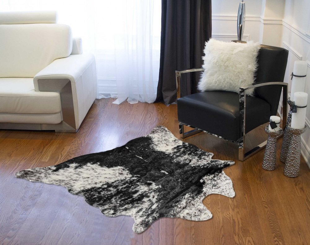 4' X 5' Black And White Faux Fur Animal Print Cowhide Washable Area Rug