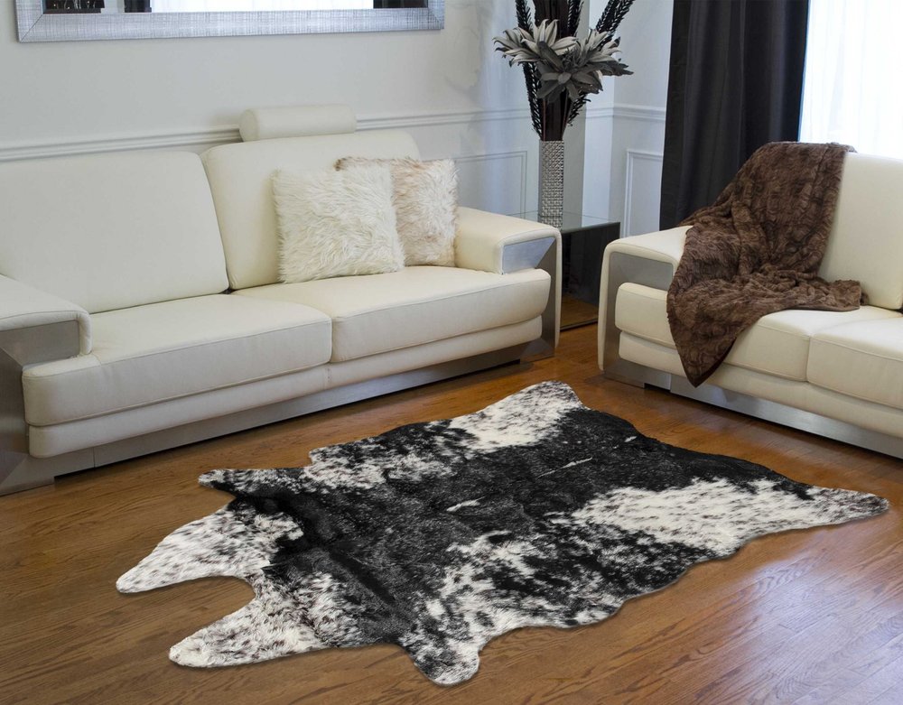 5' X 8' Black And White Faux Fur Animal Print Cowhide Washable Area Rug