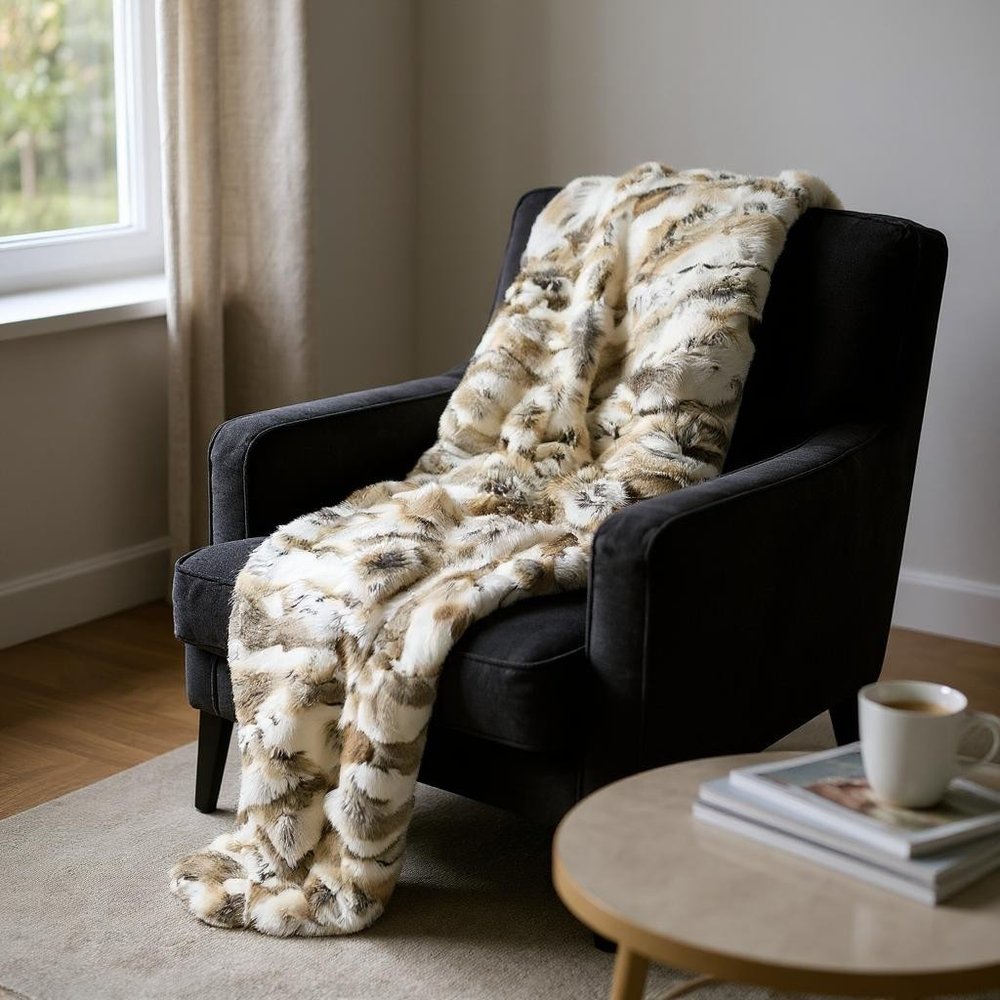 60" X 50" Tan Knitted Rabbit Fur Animal Print Throw Blanket