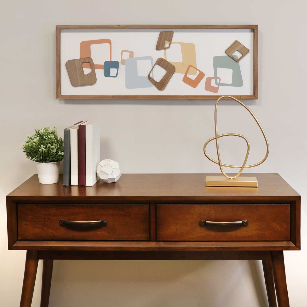 12" X 32" Blue Brown and Orange Abstract Geometric Wood Wall Decor