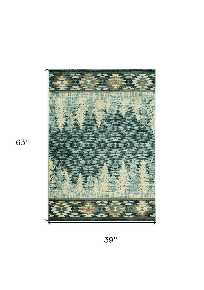 5' X 8' Slate Blue And Ivory Southwestern Area Rug