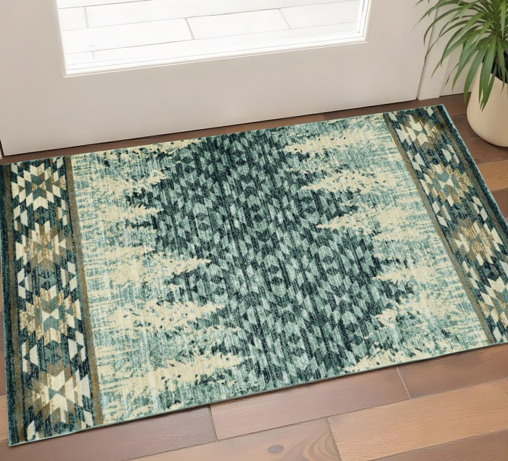 5' X 8' Slate Blue And Ivory Southwestern Area Rug