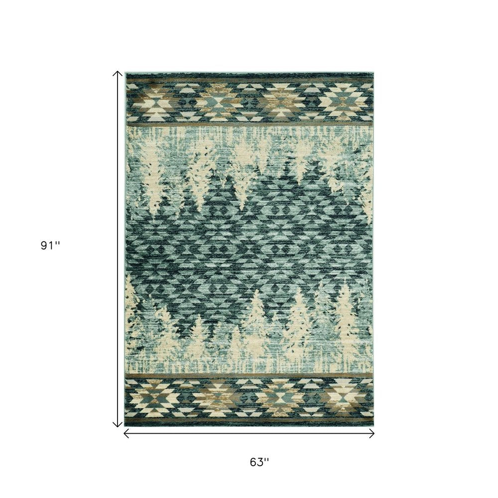 5' X 8' Slate Blue And Ivory Southwestern Area Rug