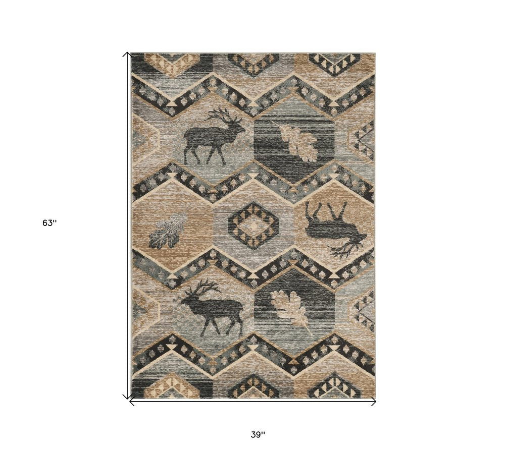 3' X 5' Charcoal Gray And Tan Woodland Lodge Area Rug