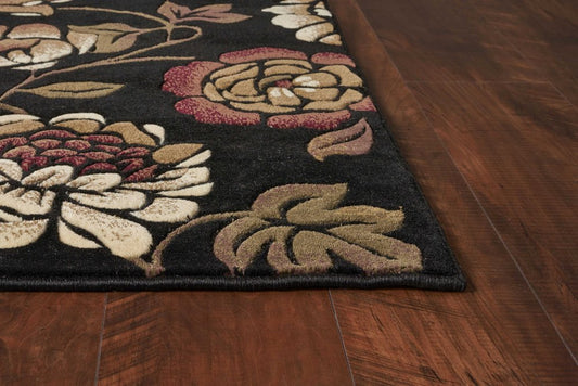 5' X 8' Black Tan And Ivory Floral Area Rug