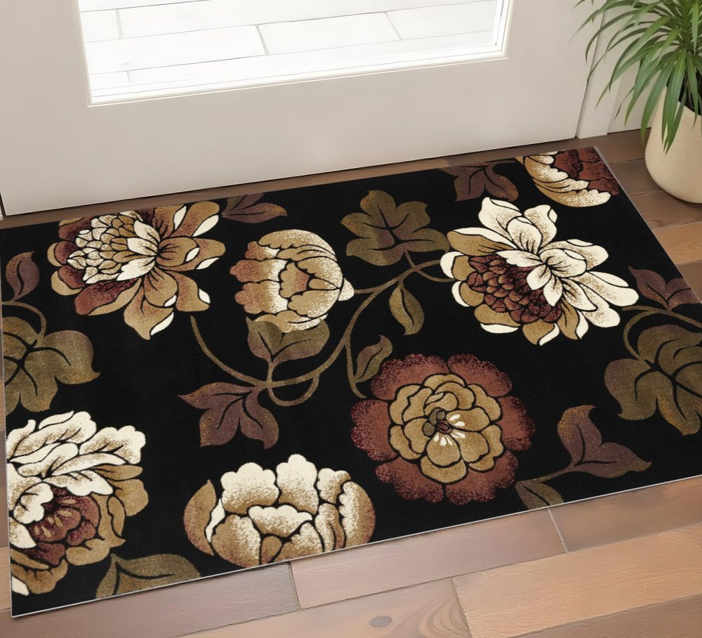 5' X 8' Black Tan And Ivory Floral Area Rug