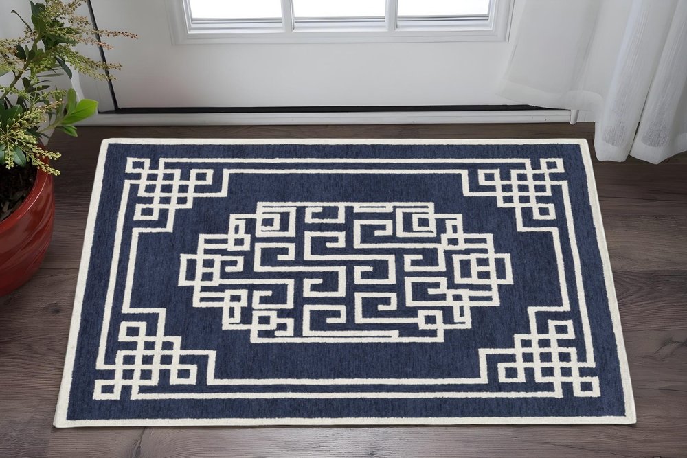 9' X 12' Navy Blue And Ivory Wool Geometric Hand Tufted Area Rug