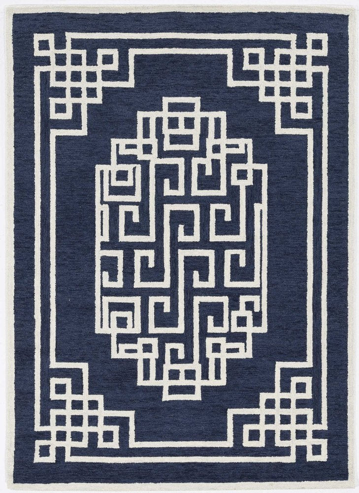 9' X 12' Navy Blue And Ivory Wool Geometric Hand Tufted Area Rug