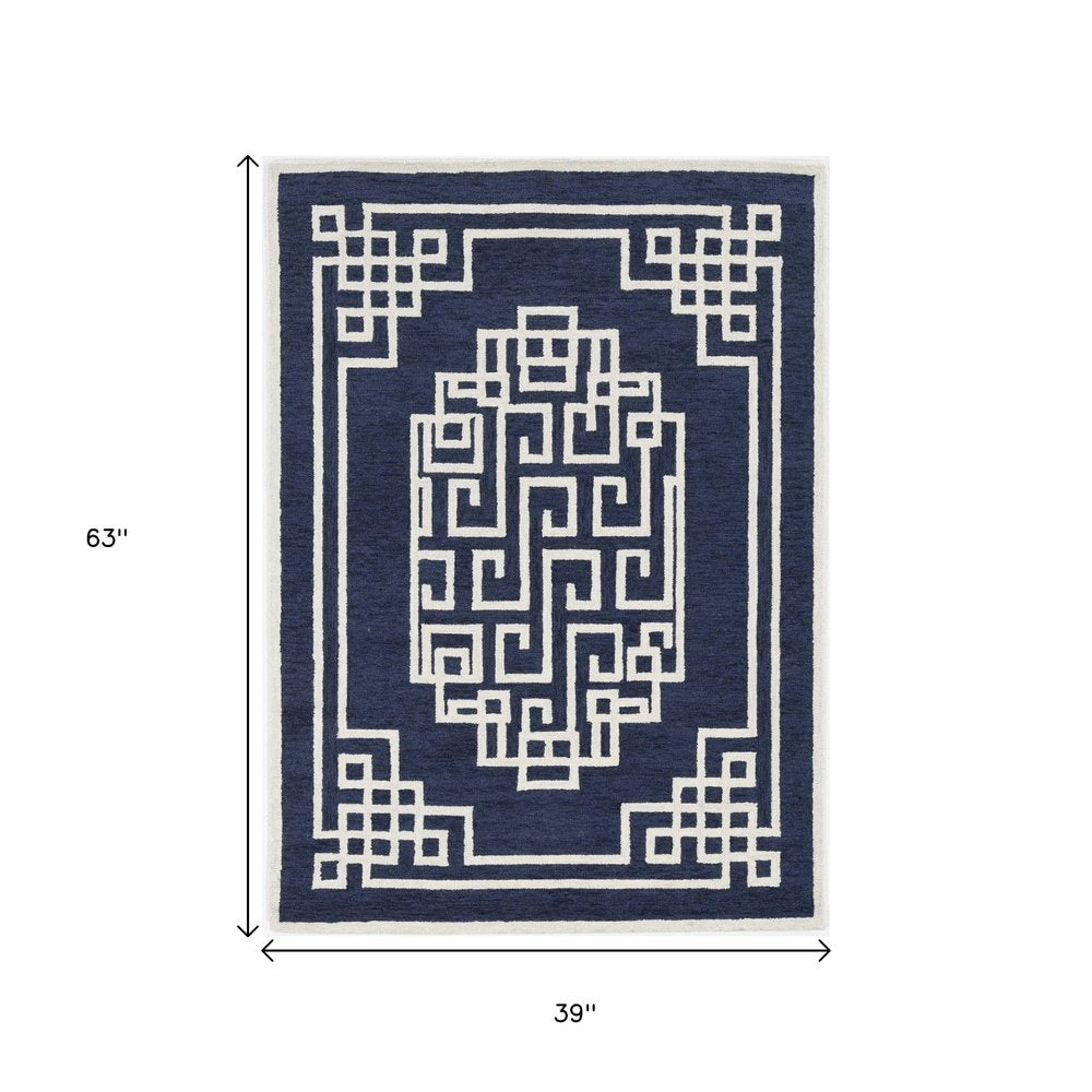 9' X 12' Navy Blue And Ivory Wool Geometric Hand Tufted Area Rug