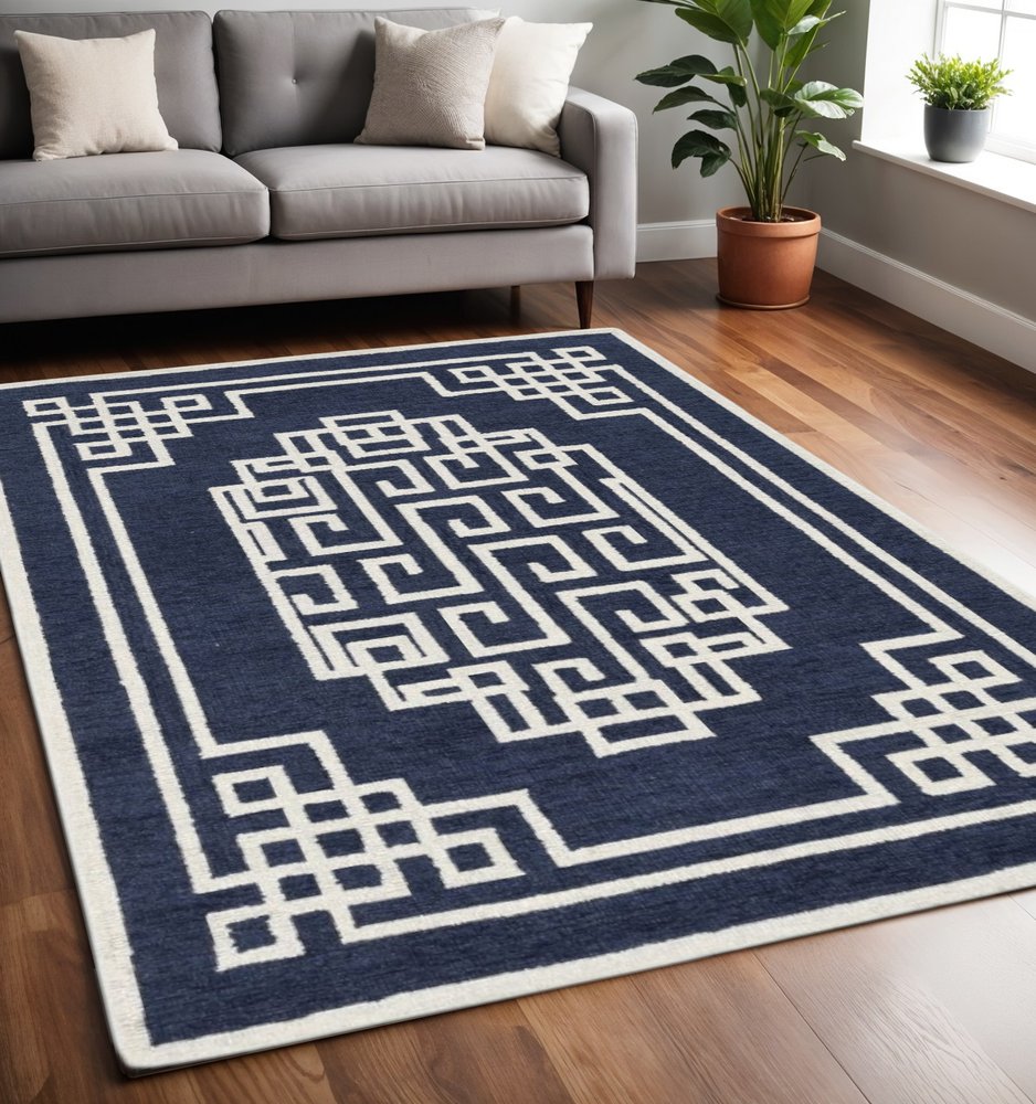 9' X 12' Navy Blue And Ivory Wool Geometric Hand Tufted Area Rug